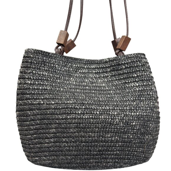 Charter Club Classics Woven Straw Shoulder Bag Black Wooden Bead Handles accents - Picture 2 of 10